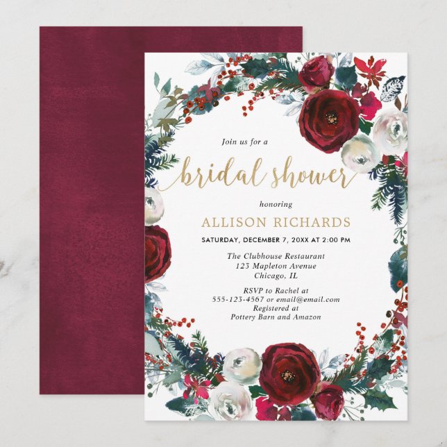 Christmas bridal shower burgundy gold elegant invitation (Front/Back)