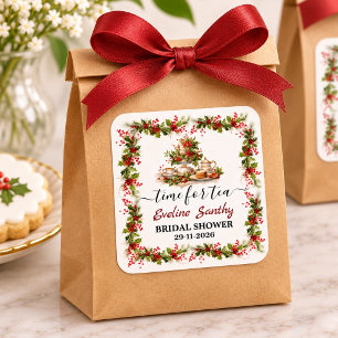 Christmas Bridal Shower holly Tea Time Party Square Sticker
