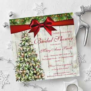 Christmas Bridal Shower Tree, Lights & Red Ribbon Invitation