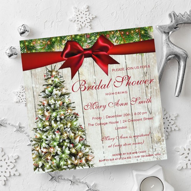 Christmas Bridal Shower Tree, Lights & Red Ribbon Invitation (Christmas Bridal Shower Tree, Lights & Red Ribbon Invitation)