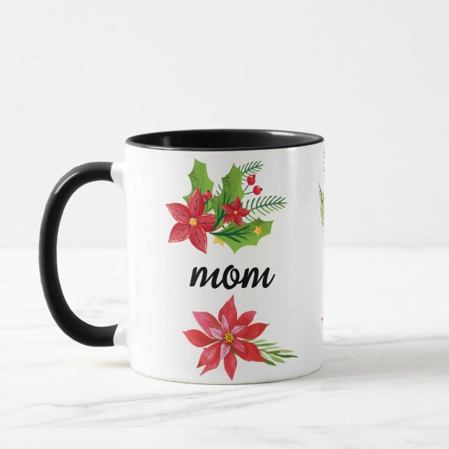 Christmas Bright Holly Black Script Mom Black Mug (Left)