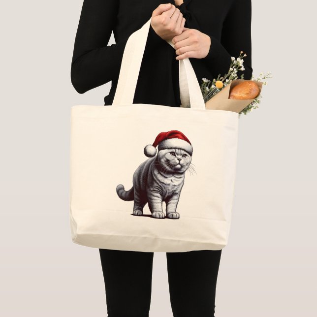 Christmas British shorthair Cat, Xmas Santa Kitten Large Tote Bag (Front (Product))