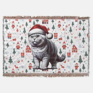 Christmas British shorthair Cat, Xmas Santa Kitten Throw Blanket