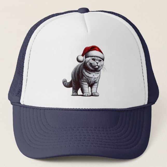 Christmas British shorthair Cat, Xmas Santa Kitten Trucker Hat (Front)