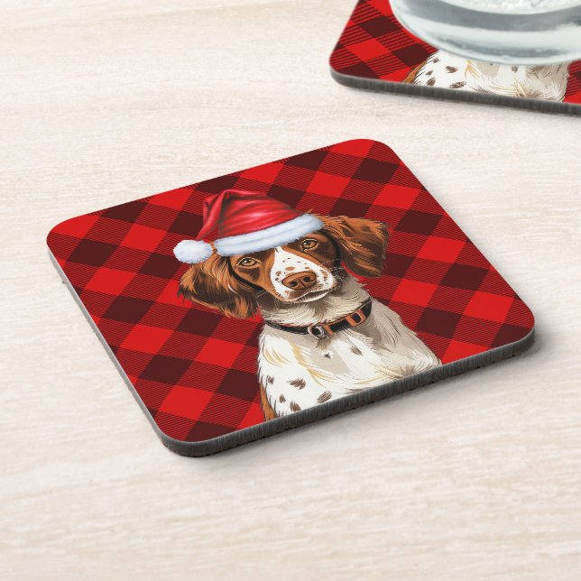 Christmas Brittany Spaniel Dog Red Plaid Holiday Coaster (Left Side)