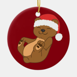 Christmas Brown Bear with Red Santa Hat Ceramic Ornament