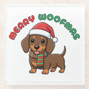 Christmas Brown Dachshund Coaster: Merry Woofmas Glass Coaster