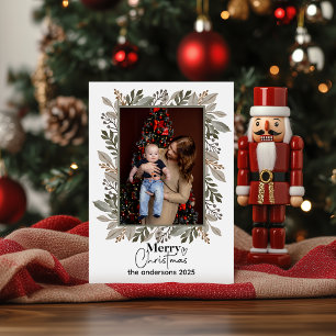 Christmas Brown Floral Watercolor  Merry Christmas Holiday Card