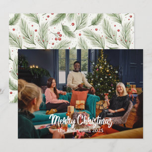 Christmas Brown Floral Watercolor  Merry Christmas Holiday Card