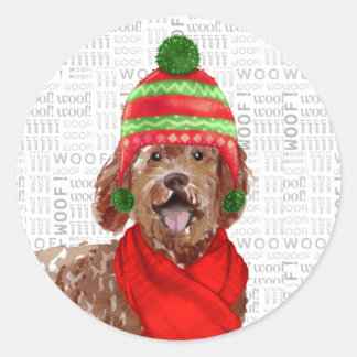 Christmas Brown Labradoodle and Woof Art Dog Lover Classic Round Sticker