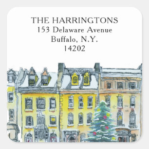 Christmas Brownstone Golden Hand-Drawn Address Square Sticker