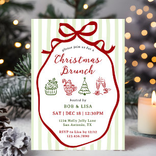 Christmas Brunch Hand Drawn Stripes Coquette Bow Invitation