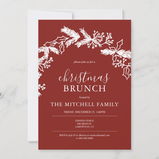 Christmas Brunch Pine Berry Wreath Red Invitation (Front)