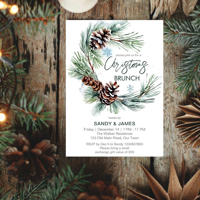 Christmas brunch pine wreath template (Christmas brunch party editable template invitation digital download watercolor pine wreath template)