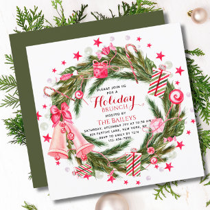 Christmas Brunch Pink Watercolor Wreath Invitation