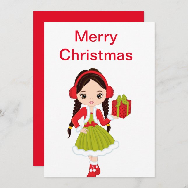 Christmas Brunette Doll  with A Gift Holiday Card (Front/Back)