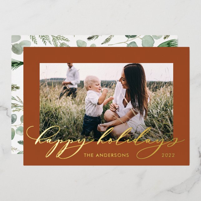 Christmas bterracotta 1 photo botanical script  foil holiday card (Front/Back)