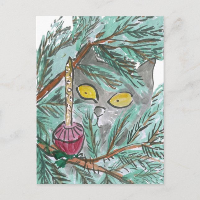 Christmas Bubble Light and Kitty Holiday Postcard (Front)