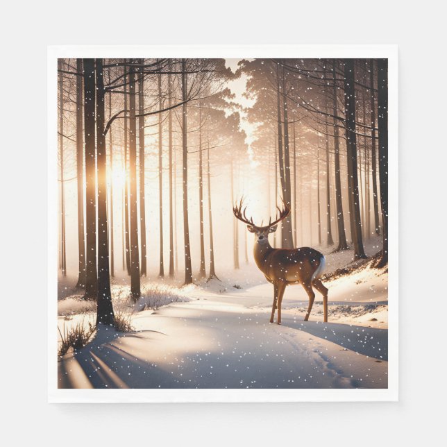 Christmas Buck In Winter Forest Napkin (Front)