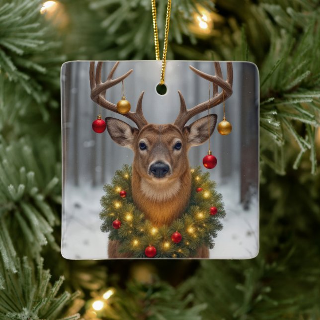 Christmas Buck Wearing a Glowing Wreath Ceramic Ornament (Tree)