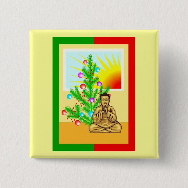 Christmas Buddha w/Tree! 2 Inch Square Button (Front)