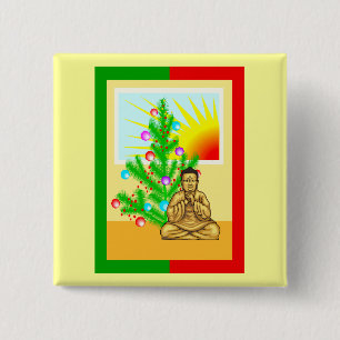 Christmas Buddha w/Tree! 2 Inch Square Button