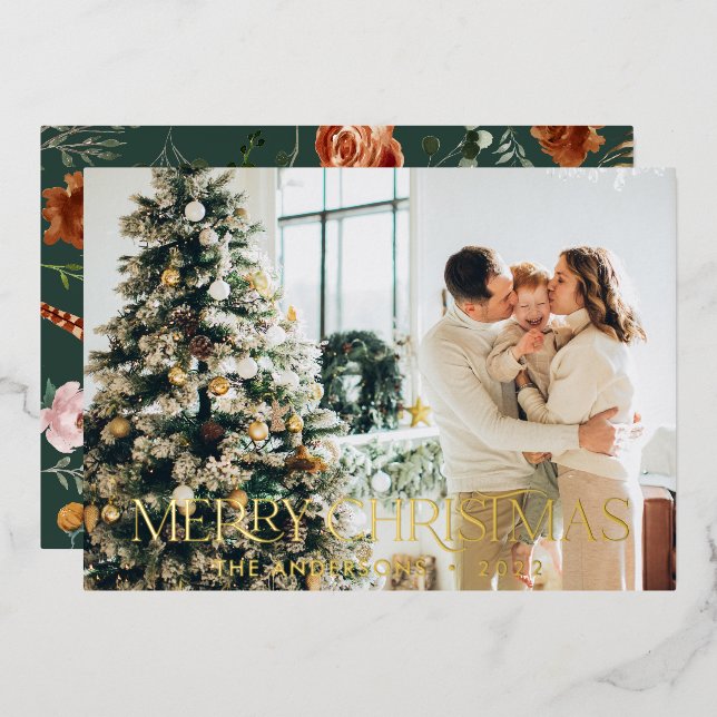 Christmas budget botanical elegant green floral foil holiday card (Front/Back)