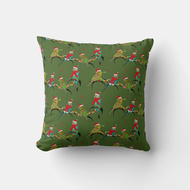 Christmas Budgie Frenzy Coussin (Vert foncé) (Recto)