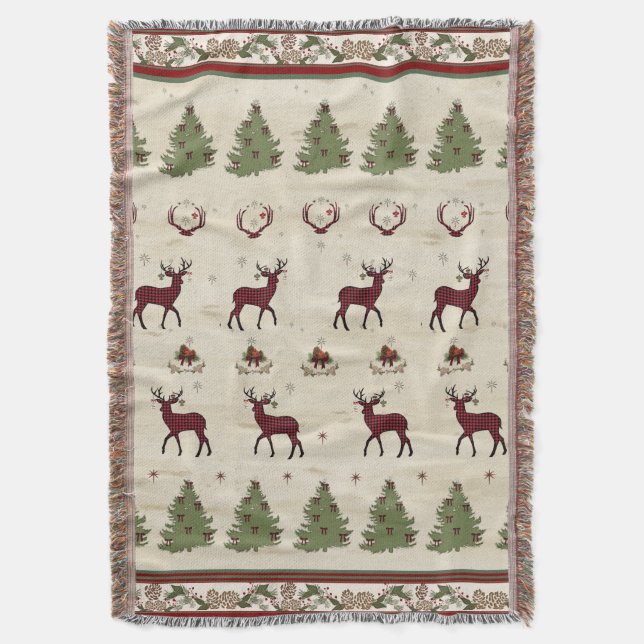 Christmas Buffalo Plaid Deer Antlers Pine Trees Throw Blanket (Front Vertical)