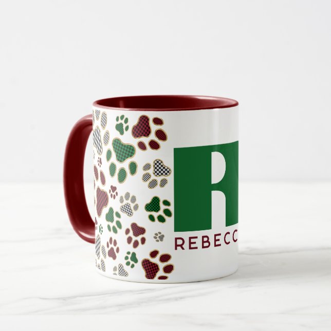 Christmas Buffalo Plaid Dog Paw Monogram  Mug (Front Left)