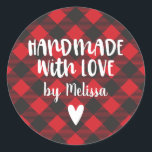 Christmas Buffalo Plaid Handmade With Love Classic Round Sticker<br><div class="desc">A personalized "handmade with love" Christmas holiday sticker on a buffalo plaid patterned background. Make it yours by adding your own name. A pretty finishing touch for all of your handmade Christmas gifts. Other colours available in the shop.  Designed for you by Blackberry Boulevard.</div>
