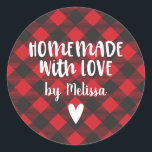 Christmas Buffalo Plaid Homemade With Love  Classi Classic Round Sticker<br><div class="desc">A personalized "homemade with love" 3 inch Christmas holiday sticker on a buffalo plaid patterned background. Make it yours by adding your own name. A pretty finishing touch for all of your handmade Christmas gifts. Other colours available in the shop.  Designed for you by Blackberry Boulevard.</div>