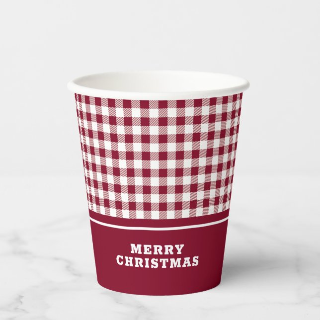Christmas buffalo plaid red and white paper cups (Front)
