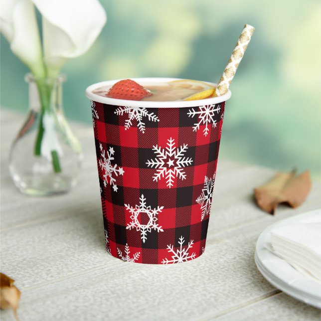 Christmas Buffalo red snowflakes plaid pattern Paper Cups (Insitu)