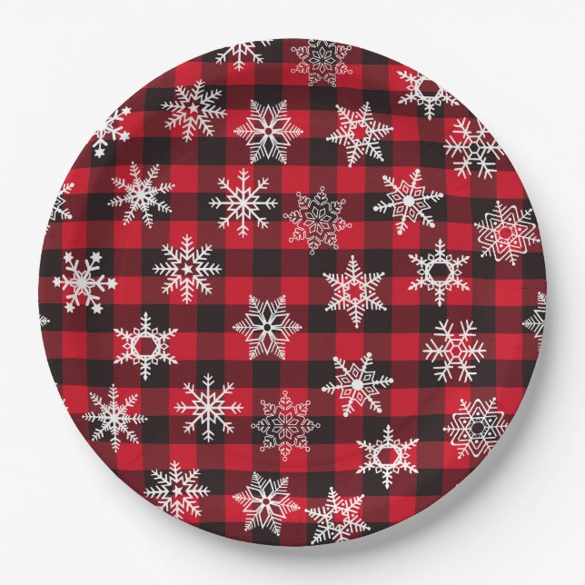 Christmas Buffalo red snowflakes plaid pattern Paper Plate (Front)