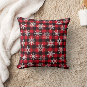 Christmas Buffalo red snowflakes plaid pattern Throw Pillow
