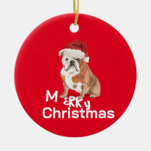 Christmas Bull Dog Merry Greeting Ceramic Ornament