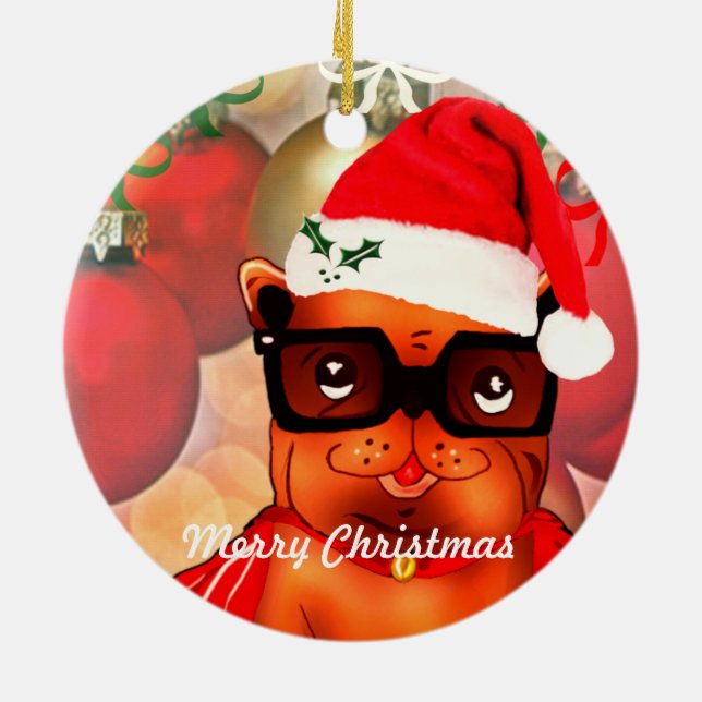 Christmas Bulldog on a christmas ball background Ceramic Ornament (Back)