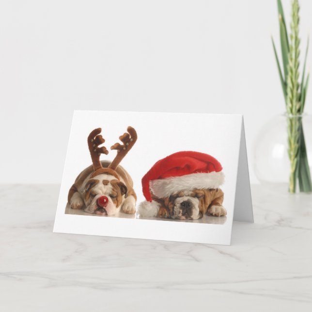 Christmas Bulldogs in Santa Hats Holiday Card (Front)