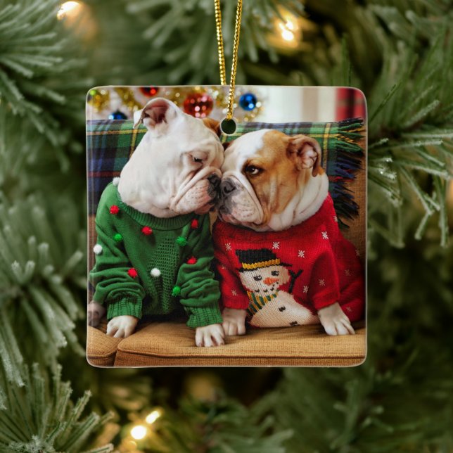 Christmas Bulldogs in Sweaters Ceramic Ornament (Tree)
