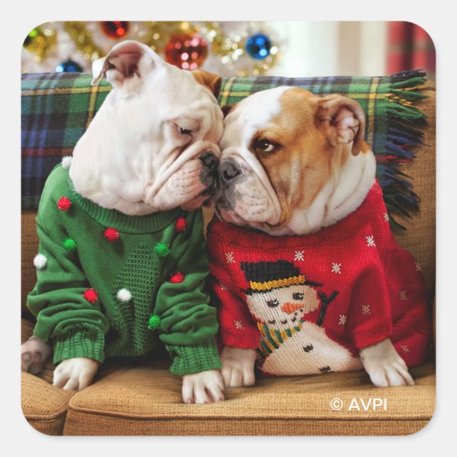 Christmas Bulldogs in Sweaters Square Sticker (Front)
