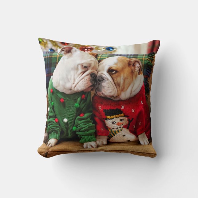 Christmas Bulldogs in Sweaters Throw Pillow (Front)