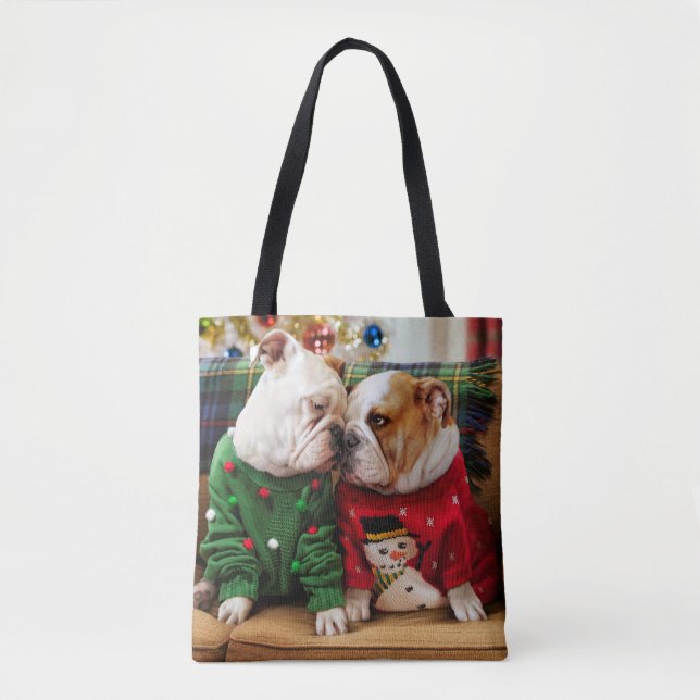 Christmas Bulldogs in Sweaters Tote Bag (Front)