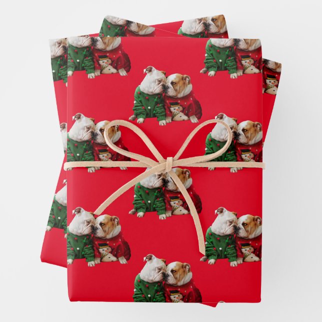 Christmas Bulldogs in Sweaters Wrapping Paper Sheet (In situ)