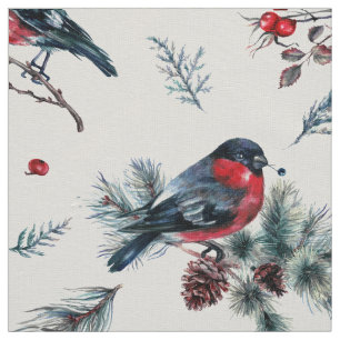 Christmas bullfinch & holly pattern fabric