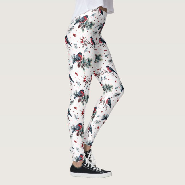Christmas bullfinch holly pinecones pattern leggings (Right)