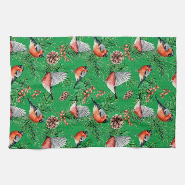 Christmas Bullfinch Kitchen Towel (Horizontal)