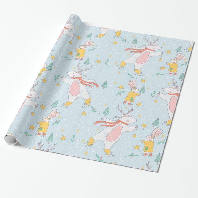 Christmas Bunnies & Deer Seamless Pattern Wrapping Paper (Unrolled)