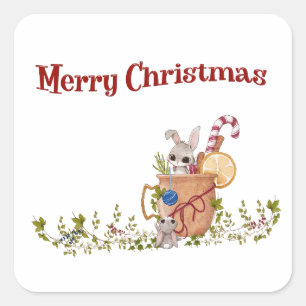 Christmas Bunnies in Holiday Mug Square Sticker