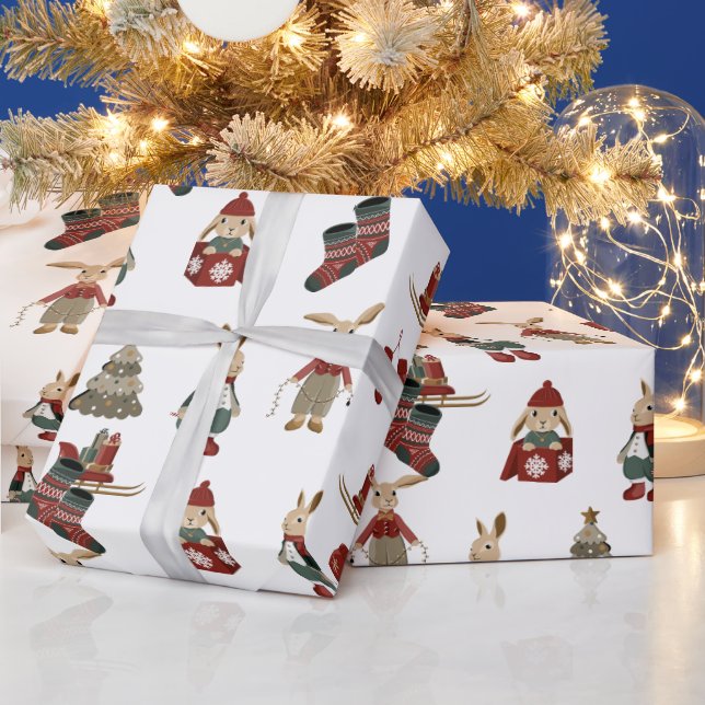 Christmas Bunnies on White Wrapping Paper (Holidays)